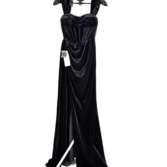 NWT Azazie Amyra A2 Black Stretch Sheath Off Shoulder Velvet Convertible Dress - Picture 3 of 14